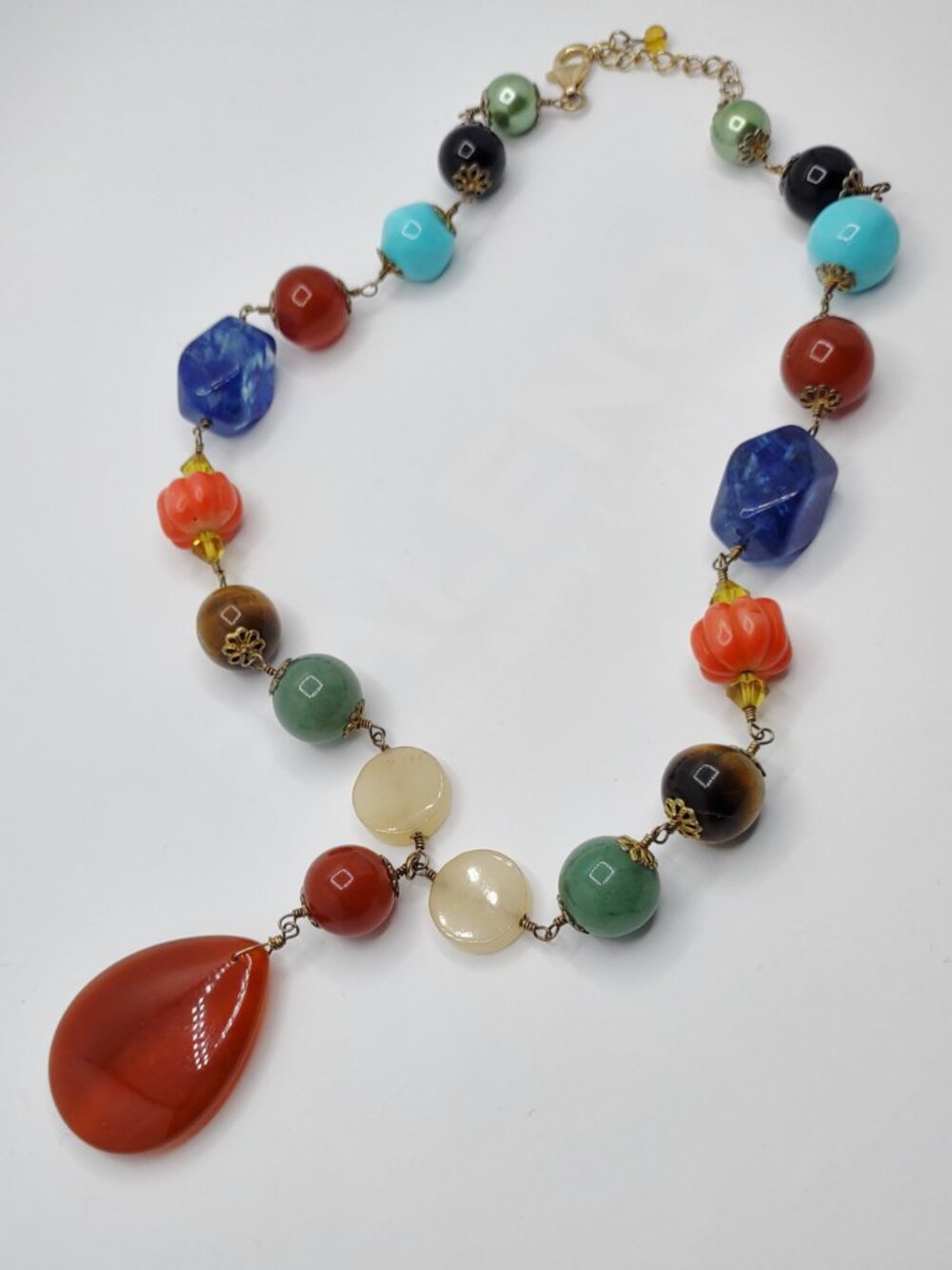 Natural Stones Necklace - Quartz Jadeite Onyx - on 925 Silver 12" Long Chain Y2K